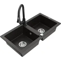 Mexen Mario 2-Becken-Granitspüle mit Mischbatterie Elia, Schwarz/Gold metallisch - 6504-75-670101-70