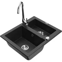 Mexen Carlos 1,5-Becken-Granitspüle mit Mischbatterie Telma, Schwarz/Silbermetallic - 6518-73-670200-00
