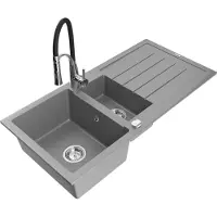 Mexen Andres 1,5-Becken-Granitspüle mit Abtropffläche und Mischbatterie Aster, Grau - 6515-71-73450-07