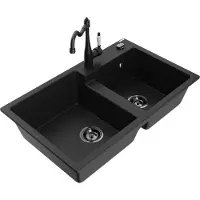 Mexen Tomas 2-Becken-Granitspüle mit Mischbatterie Carla, Schwarz - 6516-77-670700-70-B