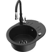 Mexen Kevin 1 Becken-Granitspüle mit Abtropffläche und Mischbatterie Savita, Schwarz/Silber - 6517-73-672601-70-B