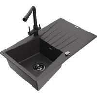 Mexen Cesar 1 Becken-Granitspüle mit Abtropffläche und Mischbatterie Duero, Schwarz gesprenkelt - 6514-76-671600-70-B