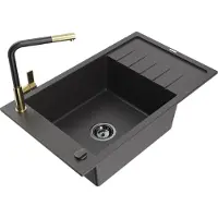Mexen Elias 1 Becken-Granitspüle mit Abtropffläche und Mischbatterie Flora, Schwarz gesprenkelt - 6511-76-670401-57-B
