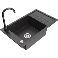 Mexen Elias 1 Becken-Granitspüle mit Abtropffläche und Mischbatterie Telma, Schwarz gesprenkelt - 6511-76-670200-70