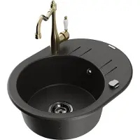 Mexen Kevin 1 Becken-Granitspüle mit Abtropffläche und Mischbatterie Carla, Schwarz/Gold metallisch - 6517-75-670700-50-B
