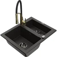 Mexen Carlos 1-Becken-Granit-Spüle mit Mischbatterie Aster, Schwarz/Gold metallisch - 6518-75-73450-57-B