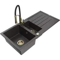 Mexen Andres 1,5-Becken-Granitspüle mit Abtropffläche und Mischbatterie Aster, Schwarz gesprenkelt - 6515-76-73450-57-G