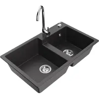 Mexen Tomas 2-Becken-Granitspüle mit Mischbatterie Telma, Schwarz gesprenkelt - 6516-76-670200-00