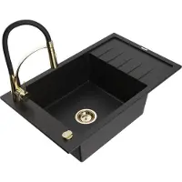 Mexen Elias 1 Becken-Granitspüle mit Abtropffläche und Mischbatterie Aster, Schwarz - 6511-77-73450-57-G
