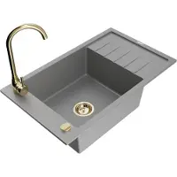 Mexen Elias 1 Becken-Granitspüle mit Abtropffläche und Mischbatterie Telma, Grau - 6511-71-670200-50