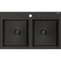 Mexen Hektor Granitspüle 2-Kammer 800 x 480 mm, schwarz/gold metallic, schwarzer Siphon - 6521802000-75-B