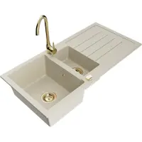 Mexen Andres 1,5-Becken-Granitspüle mit Abtropffläche und Mischbatterie Telma, Beige - 6515-69-670200-50