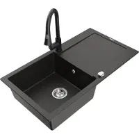 Mexen Leo 1 Becken-Granitspüle mit Abtropffläche und Mischbatterie Elia, Schwarz/Gold metallisch - 6501-75-670101-70