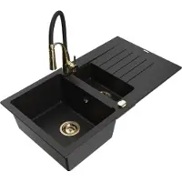 Mexen Matias 1,5-Becken-Granitspüle mit Abtropffläche und Mischbatterie Aster, Schwarz - 6502-77-73450-57-G