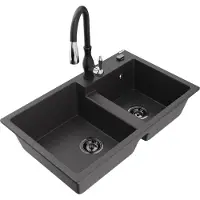Mexen Tomas 2-Becken-Granitspüle mit Mischbatterie Savita, Schwarz gesprenkelt - 6516-76-672601-70-B