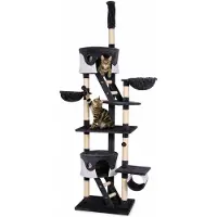 Lionto Kratzbaum mit Deckenspanner, 230-250 cm großer Aktivitätsturm mit 2 Höhlen, 2 Liegemulden, Treppen & Spielbällen, grau/weiß