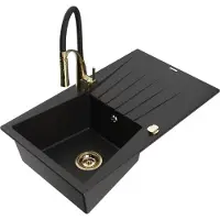 Mexen Cesar 1 Becken-Granitspüle mit Abtropffläche und Mischbatterie Aster, Schwarz - 6514-77-73450-57-G