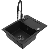 Mexen Enzo 1 Becken-Granitspüle mit Abtropffläche und Mischbatterie Aster, Schwarz - 6506-77-73450-07-B