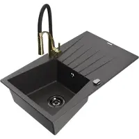 Mexen Cesar 1 Becken-Granitspüle mit Abtropffläche und Mischbatterie Aster, Schwarz gesprenkelt - 6514-76-73450-57-B