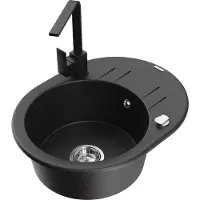 Mexen Kevin 1 Becken-Granitspüle mit Abtropffläche und Mischbatterie Rita, Schwarz/Gold metallisch - 6517-75-670300-70