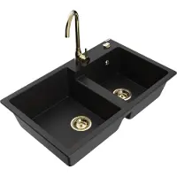 Mexen Tomas 2-Becken-Granitspüle mit Mischbatterie Telma, Schwarz - 6516-77-670200-50