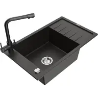 Mexen Elias 1 Becken-Granitspüle mit Abtropffläche und Mischbatterie Duero, Schwarz/Gold metallisch - 6511-75-671600-70