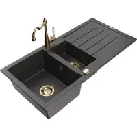 Mexen Andres 1,5-Becken-Granitspüle mit Abtropffläche und Mischbatterie Carla, Schwarz gesprenkelt - 6515-76-670700-50