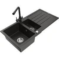 Mexen Andres 1,5-Becken-Granitspüle mit Abtropffläche und Mischbatterie Duero, Schwarz/Gold - 6515-75-671600-70