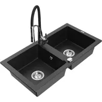 Mexen Mario 2-Becken-Granitspüle mit Mischbatterie Aster, Schwarz/Silbermetallic - 6504-73-73450-07