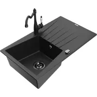 Mexen Cesar 1 Becken-Granitspüle mit Abtropffläche und Mischbatterie Carla, Schwarz/Silbermetallic - 6514-73-670700-70-B