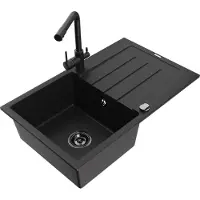 Mexen Bruno 1 Becken-Granitspüle mit Abtropffläche und Mischbatterie Duero, Schwarz - 6513-77-671600-70-B
