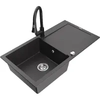 Mexen Leo 1 Becken-Granitspüle mit Abtropffläche und Mischbatterie Elia, Schwarz gesprenkelt - 6501-76-670101-70