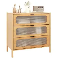 Helloshop26 Kommoden - - Kommode 3 Schubladen 80 x 40 x 78,5 cm - Bambus - Fronten aus gehärtetem Glas - Antikipp-Set