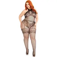 Leg avenue Nahtloser Neckholder-Bodystocking aus Industrienetz mit Dessous-Dessous aus Kunstspitze.