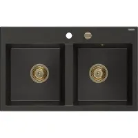 Mexen Hektor Granitspüle 2-Becken 800 x 480 mm, Schwarz/Gold Metallic, Siphon Gold - 6521802000-75-G