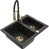 Mexen Carlos 1-Becken-Granit-Spüle mit Mischbatterie Aster, Schwarz/Gold metallisch - 6518-75-73450-57-G