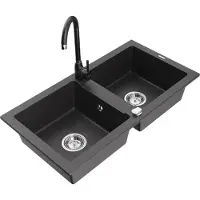Mexen Mario 2-Becken-Granitspüle mit Mischbatterie Telma, Schwarz gesprenkelt - 6504-76-670200-70
