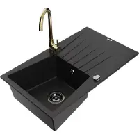 Mexen Cesar 1 Becken-Granitspüle mit Abtropffläche und Mischbatterie Telma, Schwarz - 6514-77-670200-50-B
