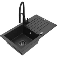 Mexen Pablo 1 Becken-Granitspüle mit Abtropffläche und Mischbatterie Aster, Schwarz/Silbermetallic - 6510-73-73450-70-B