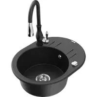 Mexen Kevin 1 Becken-Granitspüle mit Abtropffläche und Mischbatterie Savita, Schwarz/Silbermetallic - 6517-73-672601-70