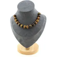 Bijoux Steine und Mineralien. Halskette mit 15 Perlen Tigerauge 10 mm. Kette aus rostfreiem Stahl Halskette für Frauen, Männer. Größe anpassbar.