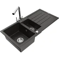Mexen Andres 1,5-Becken-Granitspüle mit Abtropffläche und Mischbatterie Duero, Schwarz/Gold - 6515-75-671600-00