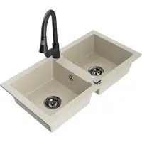 Mexen Mario 2-Becken-Granitspüle mit Mischbatterie Elia, Beige - 6504-69-670101-70