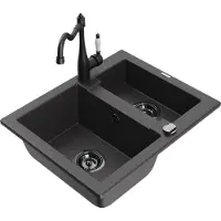 Mexen Carlos 1,5-Becken-Granitspüle mit Mischbatterie Carla, Schwarz gesprenkelt - 6518-76-670700-70-B