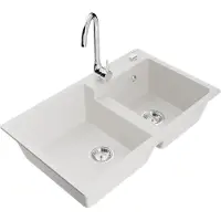 Mexen Tomas 2-Becken-Granitspüle mit Mischbatterie Telma, Weiß - 6516-20-670200-00