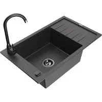 Mexen Elias 1 Becken-Granitspüle mit Abtropffläche und Mischbatterie Telma, Schwarz gesprenkelt - 6511-76-670200-70-B