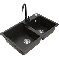 Mexen Tomas 2-Becken-Granitspüle mit Mischbatterie Telma, Schwarz/Gold metallisch - 6516-75-670200-70