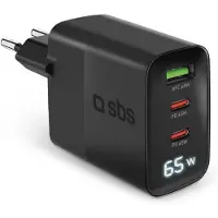 SBS 65-Watt-Ladegerät mit LCD-Display, 2 USB-C-Ausgängen für die Stromversorgung und 1 USB-A-Ausgang für die adaptive Schnellladung