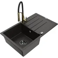 Mexen Bruno 1 Becken-Granitspüle mit Abtropffläche und Mischbatterie Aster, Schwarz/Gold metallisch - 6513-75-73450-57-B