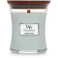 Woodwick Medium Hourglass-Kerze Magnolia Birch Premium-Soja-Mischwachs, Pluswick Innovation, Holzdocht, hergestellt in den USA